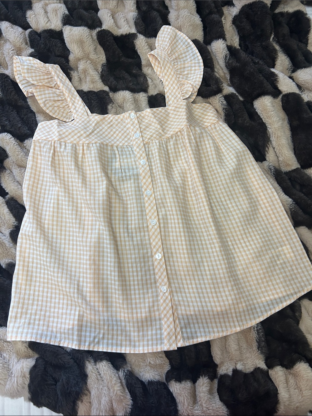 Girls Yellow Gingham Button-Front Ruffle Strap Top